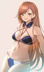 Rule 34 | 1girl, :d, bare shoulders, beatrix (granblue fantasy), bikini, black bikini, blue hair, blush, breasts, brown eyes, brown hair, cleavage, collarbone, cowboy shot, gradient hair, granblue fantasy, grey background, highres, long hair, medium breasts, multicolored hair, navel, open mouth, outstretched arm, renzu (lens 02), selfie, simple background, smile, solo, stomach, swept bangs, swimsuit, very long hair