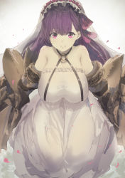 Rule 34 | 10s, 1girl, absurdres, bare shoulders, breasts, bridal veil, cleavage, closed mouth, dress, fate/extra, fate/extra ccc, fate (series), hair ribbon, halterneck, highres, large breasts, long hair, looking at viewer, misaki nonaka, passionlip (fate), petals, pink eyes, pink ribbon, purple hair, ribbon, smile, solo, straight hair, veil, wedding dress, white dress