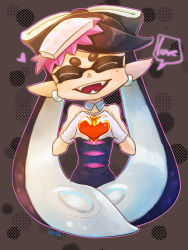 Rule 34 | 1girl, bare shoulders, black dress, black hair, bow, callie (splatoon), closed eyes, coula cat, detached collar, dress, earrings, eyebrows, fangs, food, food on head, gloves, grey background, hair bow, hat, heart, heart hands, highres, inkling, jewelry, long hair, mask, mole, mole under eye, nintendo, object on head, open mouth, pointy ears, solo, strapless, tentacle hair, tentacles, thick eyebrows, upper body, white gloves