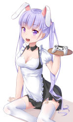 Rule 34 | 1girl, :d, animal ears, apron, arm support, black dress, breasts, choker, cleavage, collarbone, controller, dress, frilled apron, frills, game controller, highres, holding, holding plate, ji dao ji, long hair, medium breasts, new game!, open mouth, pinafore dress, plate, pleated dress, purple eyes, rabbit ears, shiny skin, shirt, short dress, short sleeves, silver hair, simple background, sitting, sleeveless, sleeveless dress, smile, solo, suzukaze aoba, thighhighs, twintails, very long hair, waist apron, white apron, white background, white shirt, white thighhighs, zettai ryouiki