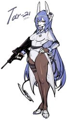Rule 34 | assault rifle, blue hair, bullpup, character name, full body, furrification, furry, furry female, girls&#039; frontline, gun, hand on own hip, iwi tavor, leotard, long hair, pantyhose, playboy bunny, rifle, simple background, solo, tagme, tar-21 (girls&#039; frontline), thigh strap, very long hair, weapon, white background