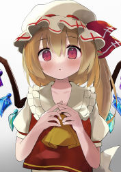 Rule 34 | 1girl, ascot, blonde hair, blush, bow, crystal, flandre scarlet, frilled shirt collar, frills, gradient background, hair between eyes, hands up, hat, hat bow, highres, looking at viewer, mob cap, one side up, parted lips, purple eyes, red bow, red vest, short hair with long locks, simple background, solo, steepled fingers, touhou, upper body, vest, wakamizu, white background, white hat, wings, yellow ascot