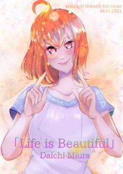 Rule 34 | 1girl, artist name, artist request, blush, braid, breasts, close-up, collarbone, dress, earrings, feather earrings, feathers, female focus, fingersmile, flower print, frilled dress, frills, heart, highres, jewelry, looking at viewer, love live!, love live! school idol festival, love live! sunshine!!, orange hair, parted lips, plaid, plaid dress, pleated, pleated dress, red eyes, short hair, short sleeves, side braid, single braid, small breasts, smile, solo, takami chika, the story of feather (love live!), upper body, white dress, white feathers