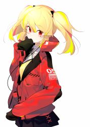 Rule 34 | 1girl, barcode, benio (dontsugel), blonde hair, collar, cowboy shot, expressionless, facial mark, hair between eyes, hair ribbon, hand to own mouth, highres, jacket, long sleeves, looking at viewer, original, oversized clothes, pleated skirt, red eyes, red jacket, ribbon, sidelocks, simple background, skirt, solo, twintails, white background, wire