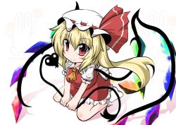 Rule 34 | 1girl, blonde hair, blush stickers, commentary request, dress, flandre scarlet, goma (gomasamune), hair between eyes, hat, hat ribbon, highres, kneeling, long hair, looking at viewer, mob cap, neckerchief, puffy short sleeves, puffy sleeves, rabbit, red eyes, ribbon, shadow, short sleeves, smile, socks, solo, touhou, wings