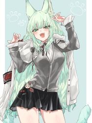 Rule 34 | 1girl, an fyhx, animal ear fluff, animal ears, arknights, armband, badge, button badge, cape, cardigan, cat ears, fang, green eyes, green hair, grey cardigan, hands up, harmonie (arknights), highres, hood, hooded cape, long hair, neck ribbon, open mouth, pleated skirt, ribbon, shirt, skirt, smug, tail, white cape, white shirt