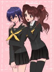 Rule 34 | 2girls, blue eyes, blue hair, brown eyes, brown hair, collarbone, grabbing own arm, hands on another&#039;s shoulders, highres, kujikawa rise, long hair, looking to the side, multiple girls, official alternate costume, open mouth, oui zen, parted, persona, persona 4, school uniform, shirogane naoto, short hair, smile, swept bangs, thighhighs, thighs, twintails, yasogami school uniform