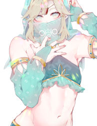 Rule 34 | 1boy, absurdres, armlet, bad id, bad pixiv id, bare shoulders, blonde hair, blue eyes, blush, commentary request, crossdressing, detached sleeves, gerudo set (zelda), hand in own hair, hand on own chest, hands up, highres, jewelry, link, looking at viewer, male focus, midriff, mouth veil, navel, nintendo, official alternate costume, oto toki, pointy ears, see-through, sidelocks, simple background, solo, stomach, the legend of zelda, the legend of zelda: breath of the wild, trap, upper body, veil, white background