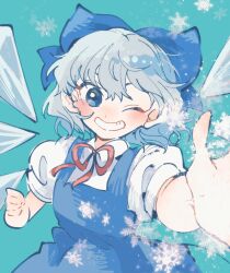 Rule 34 | 1girl, ;), blue background, blue bow, blue dress, blue eyes, blue hair, blush, bow, cirno, closed mouth, dress, hair between eyes, hair bow, ice, ice wings, itomugi-kun, one eye closed, puffy short sleeves, puffy sleeves, red ribbon, ribbon, shirt, short hair, short sleeves, simple background, smile, snowflakes, solo, touhou, white shirt, wings