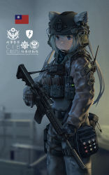 Rule 34 | 1girl, animal ears, assault rifle, black gloves, blue eyes, chinese commentary, chinese text, commentary request, ears through headwear, fang zhenjun, gloves, grey hair, grey jacket, grey pants, gun, headphones, helmet, holding, holding gun, holding weapon, holster, jacket, microphone, military, combat helmet, original, pants, republic of china flag, rifle, tactical clothes, taiwan, thigh holster, translation request, walkie-talkie, weapon