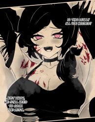 Rule 34 | 1girl, arm behind head, armpits, ashley graves, black hair, blood, blood on arm, blood on face, breasts, collar, english text, highres, large breasts, looking at viewer, mayoa, open mouth, pink eyes, steaming body, the coffin of andy and leyley, torn clothes