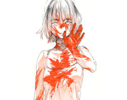 Rule 34 | 1girl, absurdres, bare arms, blood, blood in hair, blood on arm, blood on chest, blood on clothes, blood on face, blood on hands, breasts, camisole, collarbone, commentary request, hand up, highres, limited palette, looking at viewer, original, palms, parted lips, reaching, reaching towards viewer, shiki haru, short hair, simple background, slit pupils, small breasts, solo, upper body, white background