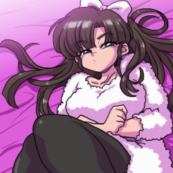 Rule 34 | 1girl, bed, black pantyhose, blue eyes, blunt bangs, bow, brown hair, closed mouth, dress, from above, frown, hair bow, half-closed eyes, kuonji ukyou, long hair, lying, on back, pantyhose, ranma 1/2, solo, sweater, sweater dress, wanta (futoshi), white bow, white dress