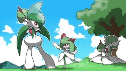 Rule 34 | arm blade, blacknirrow, carrying, creatures (company), evolutionary line, field, gallade, game freak, gardevoir, gen 3 pokemon, gen 4 pokemon, grass, highres, kirlia, looking at another, mountain, nintendo, no humans, piggyback, pokemon, pokemon (creature), ralts, shade, sitting, sitting on lap, sitting on person, smile, tree, weapon