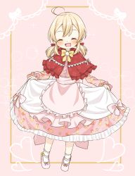 Rule 34 | 1girl, :d, ahoge, blonde hair, bow, bowtie, capelet, clothes lift, dress, dress lift, closed eyes, facing viewer, footwear bow, full body, genshin impact, highres, klee (genshin impact), lifting own clothes, lolita fashion, long sleeves, low twintails, open mouth, pink background, pink dress, red capelet, seluna irst, short hair, smile, solo, standing, twintails, yellow bow, yellow bowtie