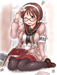 Rule 34 | 1girl, armband, bandaged head, bandages, bespectacled, black pantyhose, blush, book, breasts, brown eyes, brown footwear, brown hair, brown neckerchief, collarbone, commentary request, fukidamari no peke, furrowed brow, glasses, hairband, jacket, kantai collection, large breasts, long sleeves, name tag, natori (kancolle), neckerchief, open book, open clothes, open jacket, pantyhose, pantyhose under shorts, pink jacket, pocket, red-framed eyewear, red sailor collar, red shorts, sailor collar, school uniform, serafuku, shirt, shoes, short hair, shorts, single tear, sitting, solo, squiggle, tareme, wariza, white hairband, white shirt