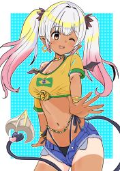 1girl absurdres alternate_skin_color bangle bead_necklace beads bikini bikini_under_clothes black_bikini blue_background blue_shorts blush bracelet brazilian_flag_print brazilian_miku brazilian_miku_(cosplay) breasts brown_eyes commentary_request cosplay cowboy_shot dark-skinned_female dark_skin demon_girl detesu earrings gradient_hair hair_intakes hatsune_miku highres hoop_earrings indie_virtual_youtuber jewelry long_hair looking_at_viewer medium_breasts multicolored_hair navel necklace one_eye_closed open_fly open_mouth pink_hair polka_dot polka_dot_background print_shirt shirt short_shorts short_sleeves shorts smile solo suou_patra swimsuit tan tanline twintails virtual_youtuber vocaloid white_background white_hair yellow_shirt