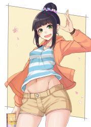 Rule 34 | black hair, blouse, blue shirt, blunt bangs, book, bracer, brown shorts, commentary, commentary request, cowboy shot, english commentary, english text, green eyes, groin, hair bun, hair ornament, hair scrunchie, hamaguchi ayame, holding, holding book, hood, hoodie, idashige (walkietalkie), idolmaster, idolmaster cinderella girls, looking at viewer, midriff, mixed-language commentary, multicolored scrunchie, navel, open clothes, open hoodie, open mouth, orange hoodie, outside border, partial commentary, petals, scrunchie, shirt, short shorts, shorts, sidelocks, single hair bun, smile, standing, striped clothes, striped shirt, waving