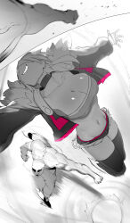 Rule 34 | 1boy, 1girl, absurdres, bandeau, breasts, choker, fighting, from above, grin, highres, jacket, jumping, large breasts, legs together, medium hair, micro shorts, niwamaru (niwarhythm), niwarhythm, open clothes, open jacket, original, outstretched arms, shorts, smile, spread arms, strapless, thighhighs, tube top
