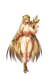 Rule 34 | 1girl, bell, blonde hair, blush, boots, breasts, broken, broken sword, broken weapon, censored, embarrassed, feet, female focus, full body, game cg, green eyes, groin, hair ornament, hand up, highres, holding, holding sword, holding weapon, huge breasts, legs together, long hair, looking at viewer, maou to shugo kishi, melon22, mosaic censoring, navel, nipples, open mouth, original, pointy ears, puffy nipples, pussy, sash, solo, standing, sweat, sword, thick thighs, thighs, transparent background, very long hair, weapon