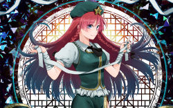 Rule 34 | 1girl, ascot, bad id, bad pixiv id, bandages, beret, blouse, blue eyes, braid, chinese clothes, collar, cowboy shot, frilled collar, frilled shirt collar, frills, hat, hong meiling, long hair, monicanc, puffy short sleeves, puffy sleeves, red hair, round window, shirt, short sleeves, smile, solo, star (symbol), touhou, twin braids, v, vest, window, wrist wrap