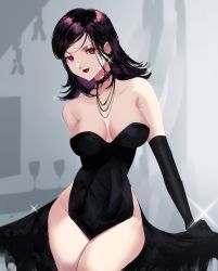 Rule 34 | amano maya, black dress, black hair, breasts, cleavage, cleft of venus, dress, gloves, highres, large breasts, leotard, persona, persona 2, red eyes, sinkoart, thick thighs, thighs