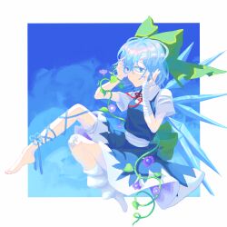 Rule 34 | 1girl, 2conut, absurdres, aqua eyes, aqua hair, aqua ribbon, bandaged arm, bandaged head, bandages, barefoot, blue background, blue dress, border, bow, cirno, collared shirt, dress, flower, full body, green bow, hair bow, hands up, highres, ice, ice wings, leaf, leg ribbon, looking at viewer, neck ribbon, patch, pinafore dress, plant, red ribbon, ribbon, shirt, short dress, short hair, short sleeves, sleeveless, sleeveless dress, socks, solo, touhou, vines, white border, white shirt, wings
