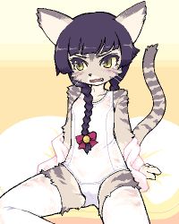 Rule 34 | 1girl, animal ears, black hair, blush, braid, cat ears, cat girl, cat tail, epna, fang, female focus, furry, furry female, lowres, one-piece swimsuit, original, see-through, sitting, solo, swimsuit, tail, thighhighs, whiskers, yellow eyes