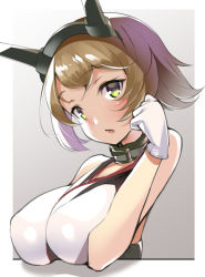 Rule 34 | 10s, 1girl, bad id, bad pixiv id, bare shoulders, border, breasts, brown background, cleavage, collarbone, colorized, crop top, flipped hair, gloves, green eyes, hair between eyes, hand on own cheek, hand on own face, headgear, kantai collection, kurogoma (haruhi3), large breasts, light brown hair, looking at viewer, mutsu (kancolle), open mouth, outside border, short hair, sleeveless, solo, spot color, twitter username, upper body, white border, white gloves