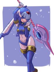 Rule 34 | 1girl, android, arm up, armpits, blue background, blue eyes, boots, breasts, closed mouth, curvy, fairy leviathan (mega man), framed, gloves, helmet, highres, holding, holding polearm, holding weapon, kureikyo1031, looking at viewer, medium breasts, mega man (series), mega man zero (series), outside border, polearm, robot, robot girl, smile, solo, spear, standing, thigh boots, thighhighs, weapon, white gloves