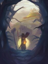 Rule 34 | 1girl, absurdres, broom, commentary, english commentary, forest, hat, highres, holding, holding lantern, lantern, little witch academia, long hair, looking at viewer, madabau, nature, outdoors, shadow, solo, sucy manbavaran, tree, witch, witch hat