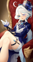 Rule 34 | 1girl, absurdres, black hat, blue eyes, blue hair, furina (genshin impact), genshin impact, gloves, hat, heterochromia, highres, light blue hair, long hair, looking at viewer, open mouth, purple eyes, sand (redsunny924), sitting, smile, solo