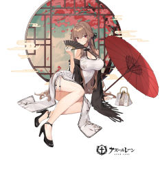 Rule 34 | 1girl, aiko (kanl), arm support, azur lane, bag, black footwear, black ribbon, black shawl, braid, breasts, brown hair, china dress, chinese clothes, cleavage, cleavage cutout, closed mouth, clothing cutout, commentary, copyright name, dress, earrings, floral print, folding fan, fringe trim, grey dress, hair ribbon, hand fan, handbag, high heels, holding, holding fan, jewelry, large breasts, legs, long dress, long hair, looking at viewer, lying, on side, original, print dress, pumps, red eyes, ribbon, shawl, side slit, sidelocks, sleeveless, sleeveless dress, smile, solo, swiftsure (azur lane), very long hair, white background, window