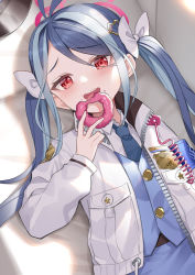 Rule 34 | 1girl, alexmaster, armband, badge, blue archive, blue hair, blue necktie, blue skirt, blue vest, blush, bow, collared shirt, couch, doughnut, eating, food, food on face, fubuki (blue archive), hair bow, hair ornament, halo, hat, unworn hat, unworn headwear, heart, heart hair ornament, holding, holding food, jacket, light blue hair, looking at viewer, lying, multicolored hair, necktie, on back, on couch, open clothes, open jacket, open mouth, parted bangs, red eyes, shirt, skirt, solo, twintails, two-tone hair, upper body, vest, walkie-talkie, white bow, white jacket, white shirt