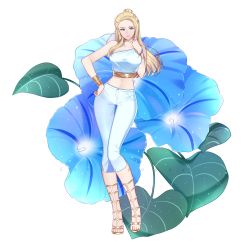Rule 34 | 1girl, absurdres, alternate costume, artist request, blonde hair, blue eyes, blue flower, blue pants, blue shirt, bracelet, breasts, capri pants, closed mouth, collarbone, earrings, flower, full body, gladiator sandals, gold footwear, half updo, hand on own hip, hand up, highres, jewelry, leaf, long hair, looking to the side, medium breasts, midriff, navel, pants, rwby, salem (rwby), sandals, shirt, single-shoulder shirt, single bare shoulder, solo, spoilers, standing, sunnypoppy, taut clothes, taut shirt, white background, white pants, white shirt