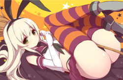 Rule 34 | 10s, 1girl, adapted costume, ass, black panties, blonde hair, broom, cape, elbow gloves, gloves, hairband, halloween, highleg, highleg panties, kantai collection, long hair, looking at viewer, midriff, panties, revision, sailor collar, shimakaze (kancolle), sketch, skirt, solo, star (symbol), starry background, striped clothes, striped thighhighs, thighhighs, underwear, watanon (gakushokutei), white gloves