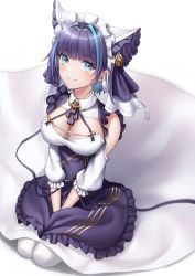 Rule 34 | 1girl, azur lane, bare shoulders, between legs, blue eyes, blue hair, blunt bangs, breasts, cheshire (azur lane), cleavage, closed mouth, clothing cutout, collared shirt, commentary request, dress, eyelashes, fang, frilled dress, frills, gold trim, hair ornament, hand between legs, highres, large breasts, long dress, looking at viewer, maid, maid headdress, multicolored hair, naga (pixiv70891418), puffy sleeves, purple dress, purple hair, seiza, shirt, simple background, sitting, skin fang, solo, streaked hair, two-tone hair, wavy mouth, white background, white dress