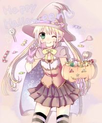 Rule 34 | 00s, 1girl, bad id, bad pixiv id, blonde hair, candy, cape, female focus, food, gloves, green eyes, halloween, hat, hayate no gotoku!, itsuka, jack-o&#039;-lantern, lollipop, long hair, one eye closed, pumpkin, sanzen&#039;in nagi, shaped lollipop, solo, striped clothes, striped thighhighs, thighhighs, tongue, twintails, wink, witch hat