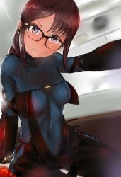 Rule 34 | absurdres, arm support, bodysuit, breasts, brown eyes, brown hair, yu mei-ren (fate), fate/grand order, fate (series), foreshortening, glasses, highres, looking at viewer, medium breasts, shoshinsha, sitting, skin tight, tagme, thigh gap