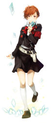 Rule 34 | armband, atlus, bad id, bad pixiv id, bow, brown hair, card, digital media player, evoker, floating card, hair ornament, hairpin, headphones, holding, holding card, holster, kneehighs, legs, long image, persona, persona 3, persona 3 portable, polearm, red eyes, ribbon, runia, school uniform, shiomi kotone, skirt, smile, socks, solo, tall image, watch, weapon, wristwatch