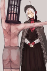 Rule 34 | 1boy, 1girl, ?, arms up, back, bald, bloodborne, blurry, bonnet, boxers, brown skirt, cage, cape, depth of field, doll joints, dress, flower, from software, head tilt, hunter (bloodborne), joints, long skirt, looking at another, male underwear, own hands together, pale skin, plain doll, poncho, red flower, red rose, rose, short hair, skirt, swept bangs, toned, totteri, underwear, white hair, yellow eyes