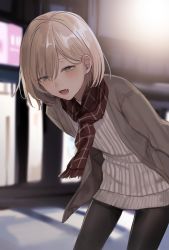Rule 34 | 1boy, :d, arms behind back, black pantyhose, blonde-haired boy (sunaba (nczd5875)), blonde hair, blurry, blurry background, blush, brown jacket, brown scarf, brown sweater, coat, crossdressing, depth of field, dress, fang, fangs, grey eyes, grey sweater, hair between eyes, jacket, leaning forward, long sleeves, looking at viewer, male focus, medium hair, open clothes, open jacket, open mouth, original, outdoors, pantyhose, plaid, plaid scarf, ribbed dress, ribbed sweater, scarf, smile, solo, standing, striped, sunaba (nczd5875), sweater, sweater dress, teeth, trap, vertical stripes