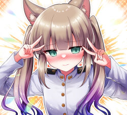 Rule 34 | 1boy, alternate hairstyle, animal ear fluff, animal ears, aqua eyes, blue hair, blunt bangs, blush, captain nemo (fate), cat ears, commentary request, double v, embarrassed, fate/grand order, fate (series), gradient hair, jacket, light brown hair, long hair, male focus, military jacket, military uniform, multicolored hair, nemo (fate), paid reward available, shell ocean, trap, twintails, uniform, v, wavy mouth, white jacket