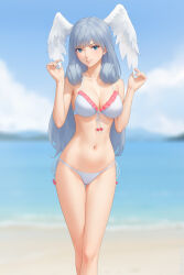 Rule 34 | 1girl, alternate costume, beach, bikini, blurry, blurry background, breasts, cleavage, cloud, commentary, commission, english commentary, feathered wings, grey hair, grin, head wings, highres, lips, long hair, looking at viewer, medium breasts, melia antiqua, miura-n315, navel, ocean, outdoors, pink lips, sand, smile, solo, stomach, swimsuit, very long hair, water, white bikini, white wings, wings, xenoblade chronicles (series), xenoblade chronicles 3