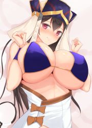Rule 34 | 1girl, bed, breasts, brown hair, fate/grand order, fate (series), large breasts, long hair, looking at viewer, lying, noeomi, on back, pink eyes, smile, solo, xuangzang sanzang (fate)