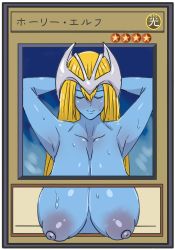 Rule 34 | 1girl, absurdres, armpits, arms behind head, arms up, blonde hair, blue skin, blush, breasts, breasts apart, closed eyes, closed mouth, collarbone, colored skin, duel monster, female focus, gradient background, hair between eyes, highres, kanden-ki, large areolae, large breasts, long hair, mystical elf, nipples, nude, puffy areolae, puffy nipples, simple background, smile, solo, sweat, upper body, yu-gi-oh!, yu-gi-oh! duel monsters