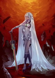 Rule 34 | 1girl, absurdres, altera (fate), blunt bangs, choker, crossed legs, dark-skinned female, dark skin, detached sleeves, eyelashes, fate/grand order, fate (series), hand on hilt, highres, photon ray (fate), planted, planted sword, planted weapon, red eyes, solo, sword, tattoo, veil, wangling mk san, watson cross, weapon, white hair