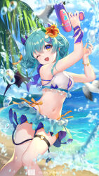 Rule 34 | 1girl, :3, :d, aqua hair, aqua nails, arms up, bare arms, bare shoulders, beach, between legs, bikini, bikini skirt, bird, blue bow, blue eyes, blue sky, blurry, blurry foreground, bow, bow bikini, braid, braided ponytail, breasts, cat hair ornament, character request, copyright request, crossed bangs, day, demon girl, demon tail, demon wings, eyelashes, fang, feet out of frame, firing, floating hair, flower, frilled bikini, frills, hair between eyes, hair flower, hair ornament, hairclip, head tilt, holding, holding water gun, horns, knees together feet apart, long hair, looking at viewer, medium breasts, multi-strapped bikini bottom, multicolored bikini, multicolored clothes, multicolored eyes, multiple horns, nail polish, navel, ocean, one eye closed, open mouth, orange flower, orange ribbon, outdoors, palm tree, photobomb, purple ribbon, ribbon, short eyebrows, side-tie bikini bottom, sidelocks, sky, smile, solo, sparkle, starfish, sunlight, swimsuit, tail, tail between legs, thigh strap, tree, twisted torso, virtual youtuber, water, water drop, water gun, wings, wrist ribbon, wristband, x hair ornament, yellow eyes, ziyue