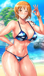 Rule 34 | 1girl, alternate costume, arm tattoo, beach, bikini, blue bikini, blush, bracelet, breasts, camouflage, camouflage bikini, cleavage, collarbone, curvy, daraz, hand on own hip, highres, jewelry, large breasts, looking at viewer, nami (one piece), navel, ok sign, one eye closed, one piece, orange eyes, orange hair, outdoors, short hair, shoulder tattoo, sky, smile, solo, stomach, swimsuit, tattoo, thick thighs, thighs, water, wet, wink