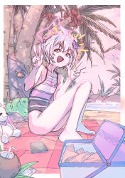 Rule 34 | 1girl, ahoge, alternate costume, alternate hairstyle, barefoot, blue archive, blue hair, double v, food, full body, hair between eyes, hair ornament, halo, highres, light blue hair, looking at viewer, multicolored hair, one-piece swimsuit, open mouth, outdoors, pararilla, pink hair, pink halo, purple eyes, reisa (blue archive), short hair, sitting, smile, solo, star (symbol), star hair ornament, star halo, swimsuit, tree, v, v-shaped eyebrows